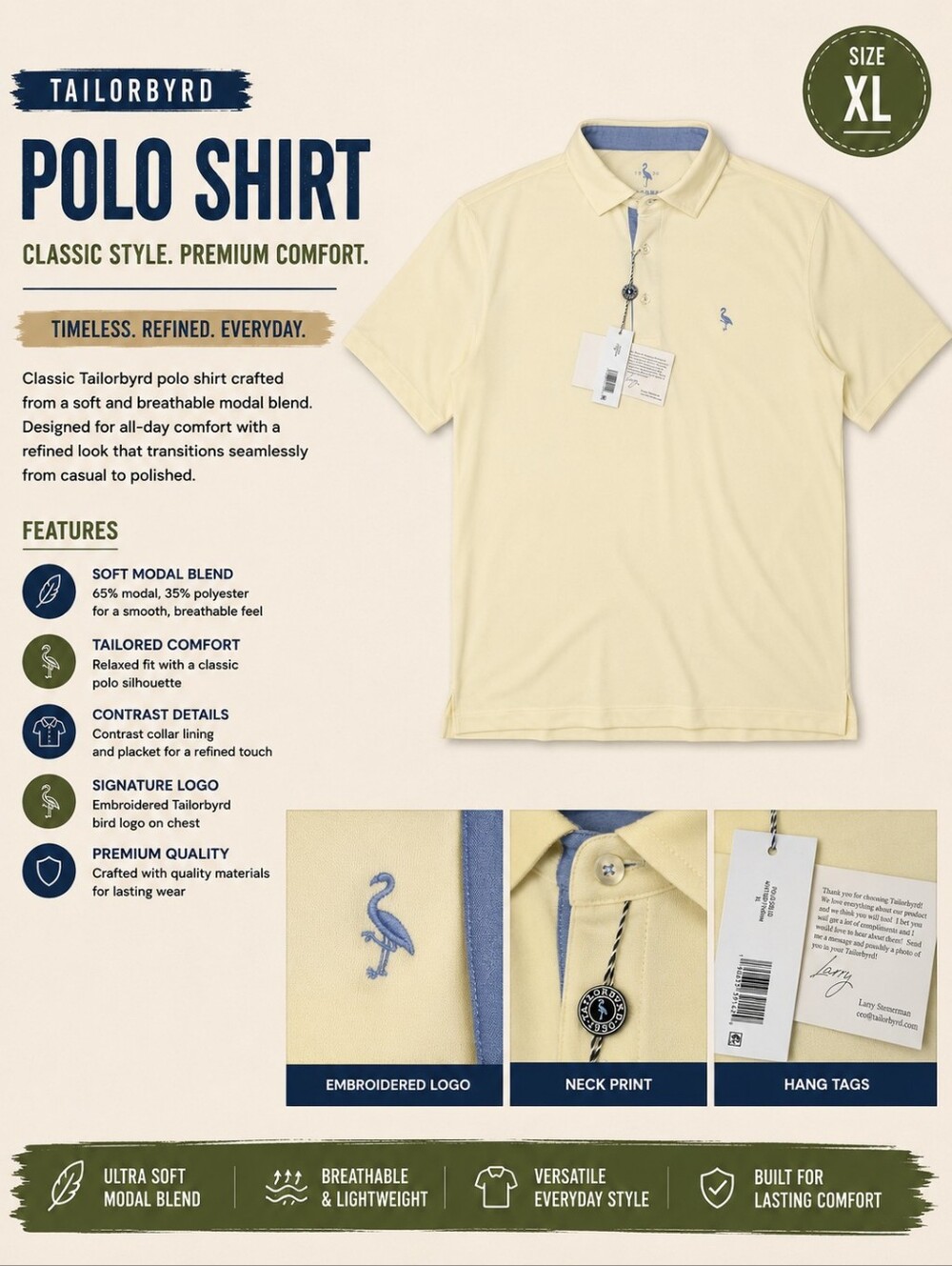 Tailorbyrd Pale Yellow Polo with Contrasting Collar Trim